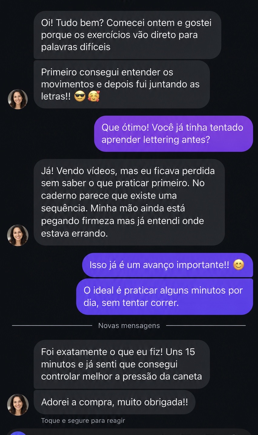 Conversa relatando evolução nos movimentos, firmeza da mão e controle da pressão da caneta