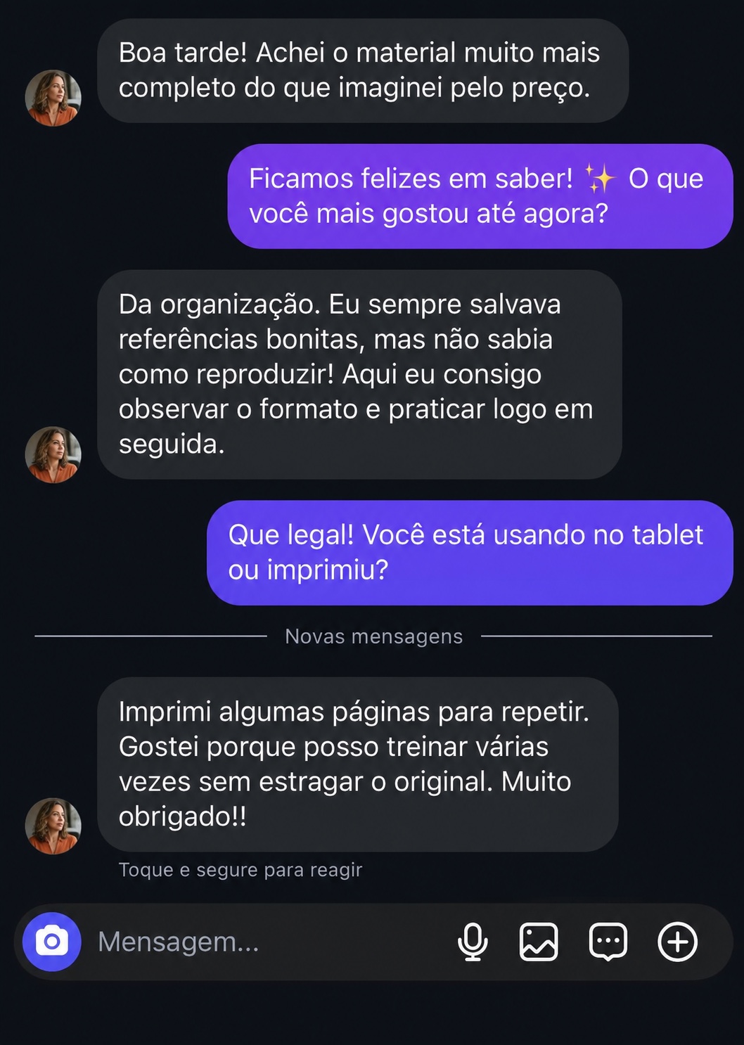 Conversa elogiando a organização do material e a possibilidade de imprimir páginas para repetir